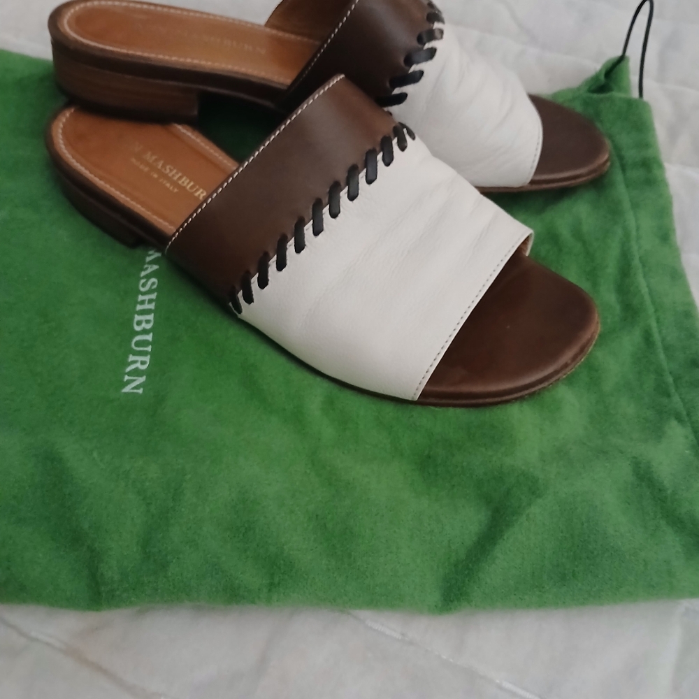 Ann Mashburn White & Brown Spring Italian Lotus Vacation Slides Sandals--37/6.5 - Picture 11 of 12